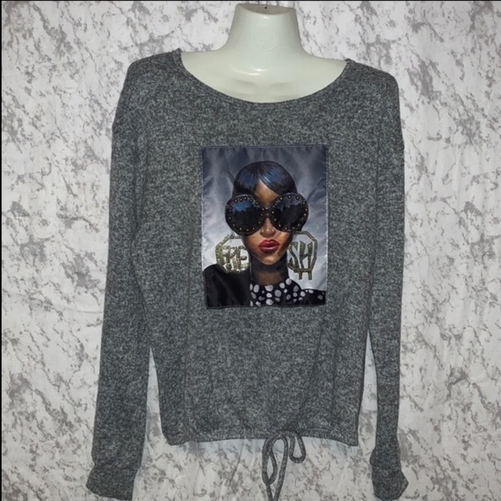 Y2K “FRESH” FREE KISSES GREY EMBELLISHED TIE FRONT SWEATER ladies size large